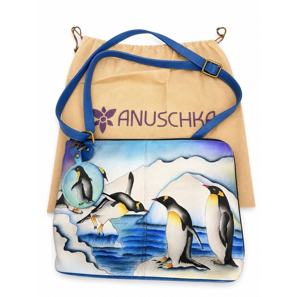 Anuschka Arctic Emperor Penguins Hand Painted Leather Organizer Crossbody NWOT